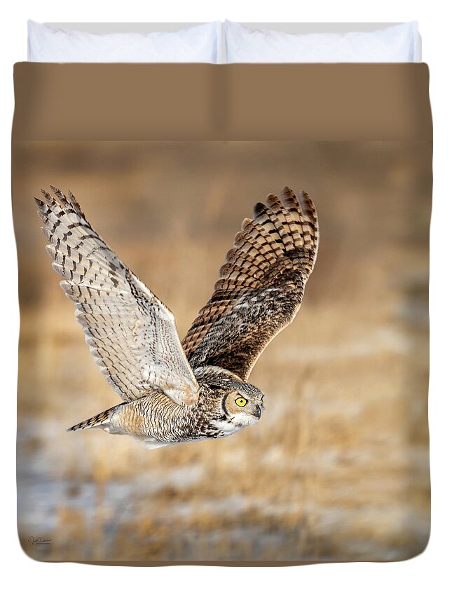 Great Horned Owl Duvet Cover featuring the photograph Great Horned Owl in Flight by Judi Dressler