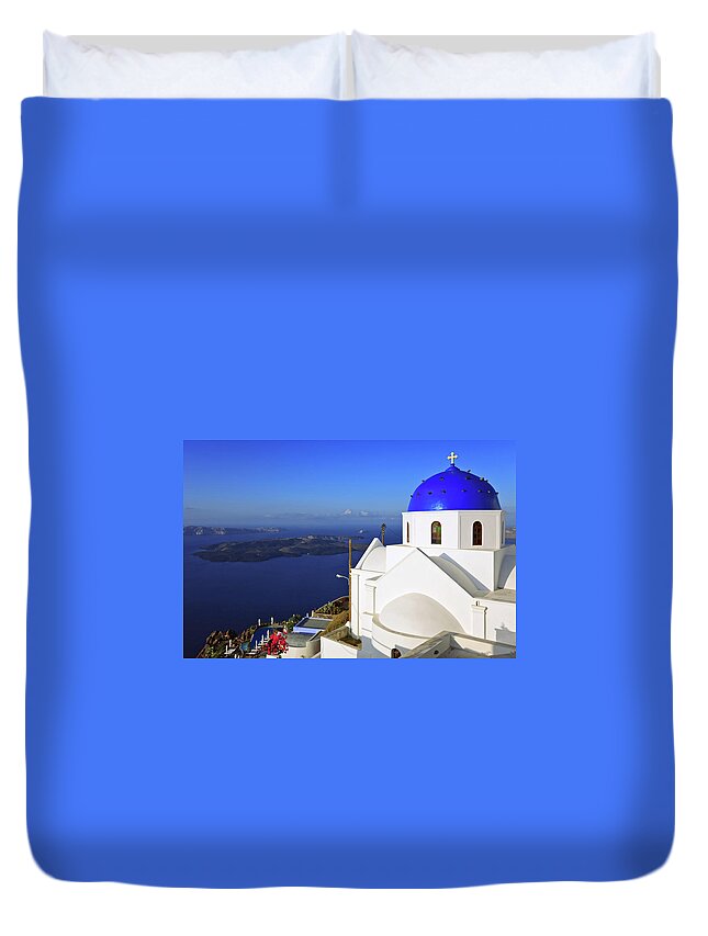 Scenics Duvet Cover featuring the photograph Greek Church, Santorini Island, Greece by Rusm