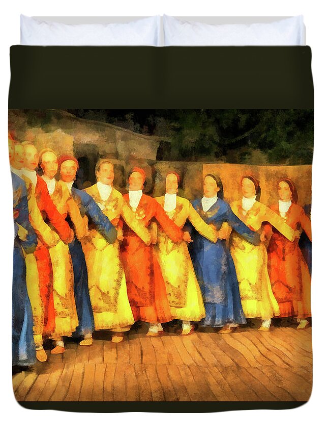 Rossidis Duvet Cover featuring the painting Greek Dance 2 by George Rossidis