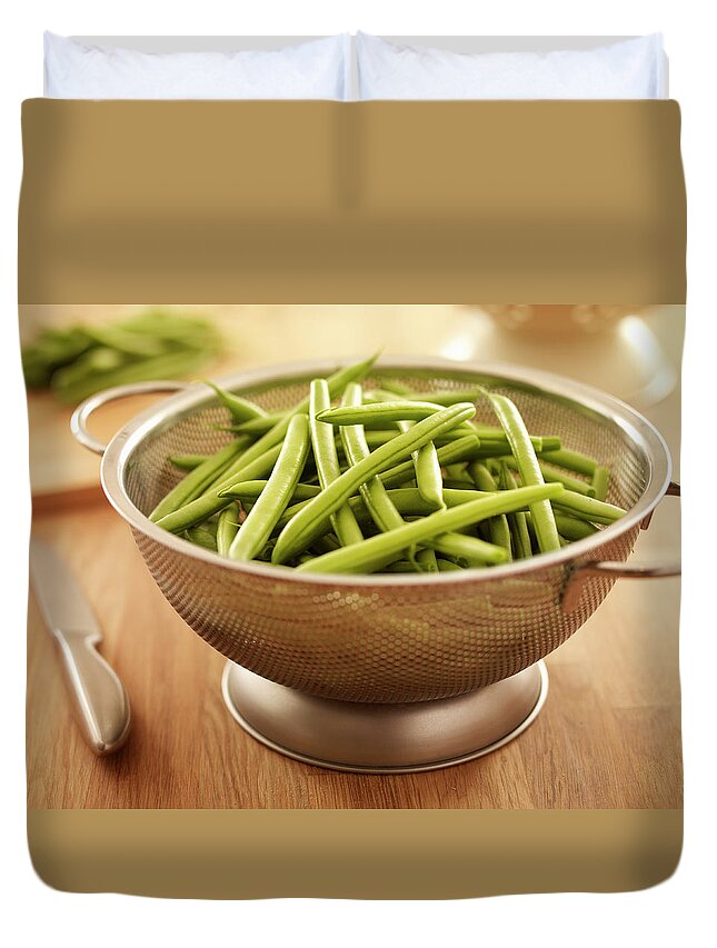 Large Group Of Objects Duvet Cover featuring the photograph Green Beans In Colander by Adam Gault