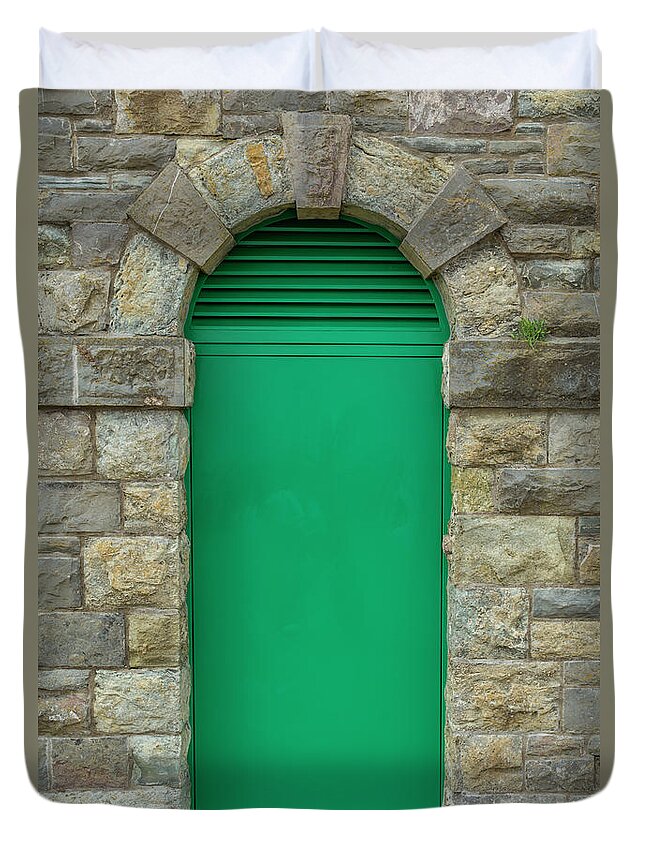 Arch Duvet Cover featuring the photograph Green Door In An Old, Brick Wall by Bridgendboy