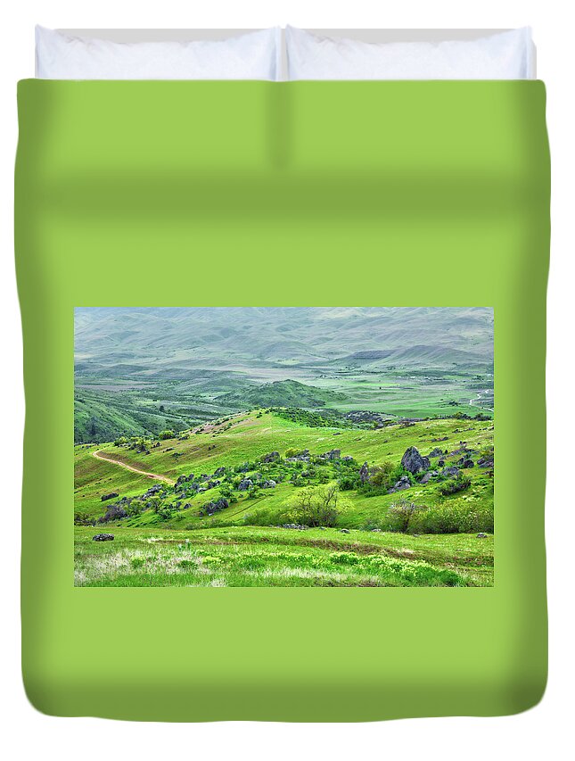 Grass Duvet Cover featuring the photograph Green Hills Of Rural Idaho by Anna Gorin