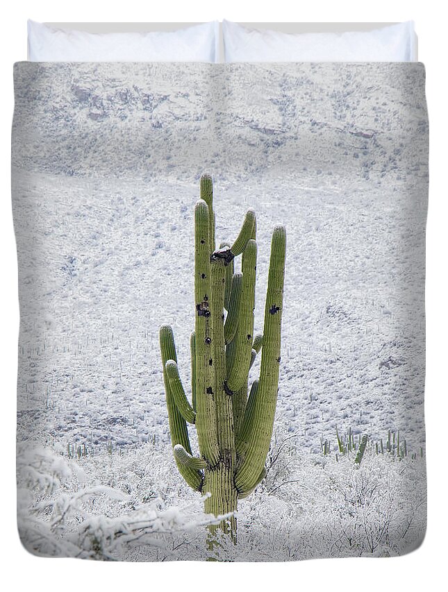 Snow Duvet Cover featuring the photograph Green In A Sea Of White by Elaine Malott