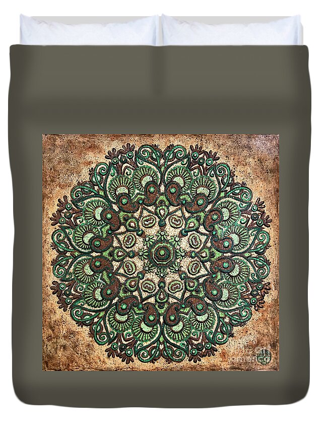 Mandala Duvet Cover featuring the painting Green Mandala by Amy E Fraser