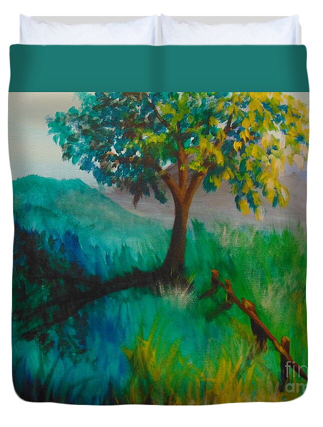 Green Duvet Cover featuring the painting Green Pastures by Saundra Johnson