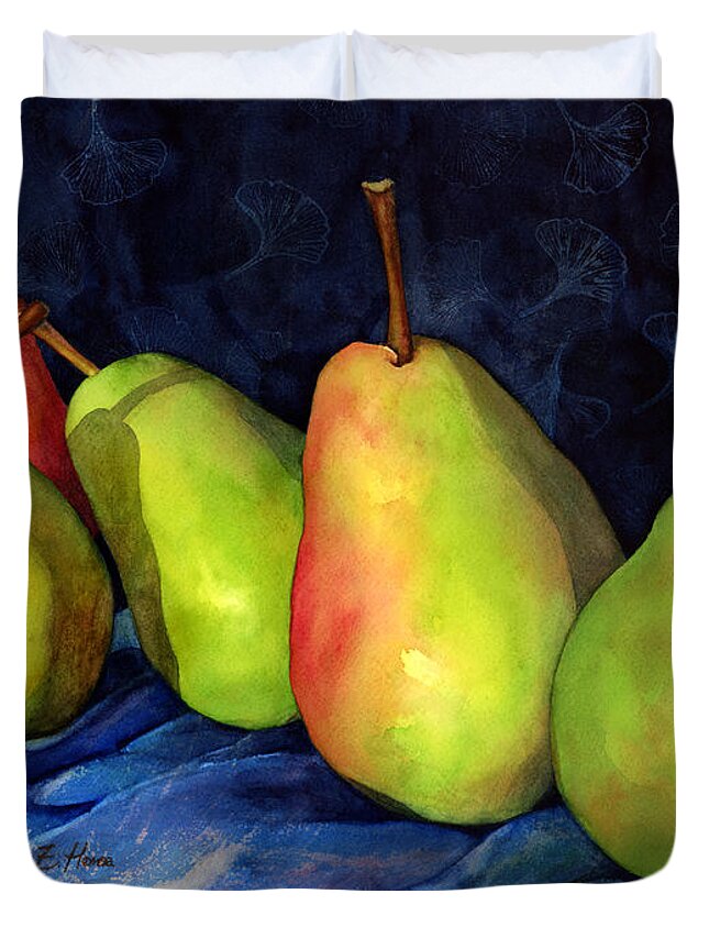 Pear Duvet Cover featuring the painting Green Pears by Hailey E Herrera