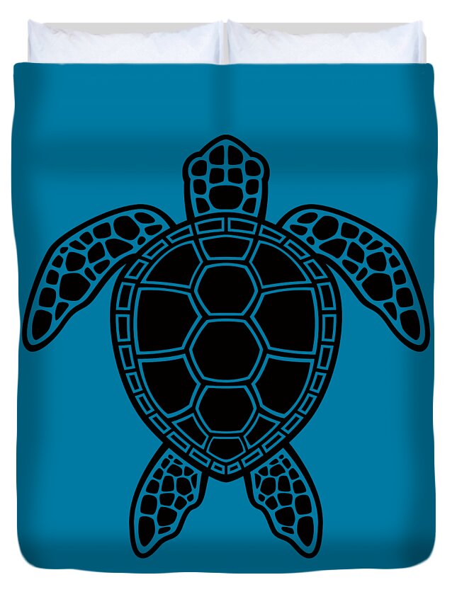 Green Duvet Cover featuring the digital art Green Sea Turtle Design - Black by John Schwegel