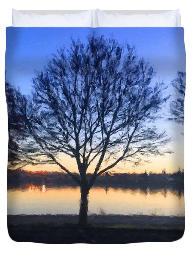 Seattle Duvet Cover featuring the digital art Greenlake Dawn by Paisley O'Farrell