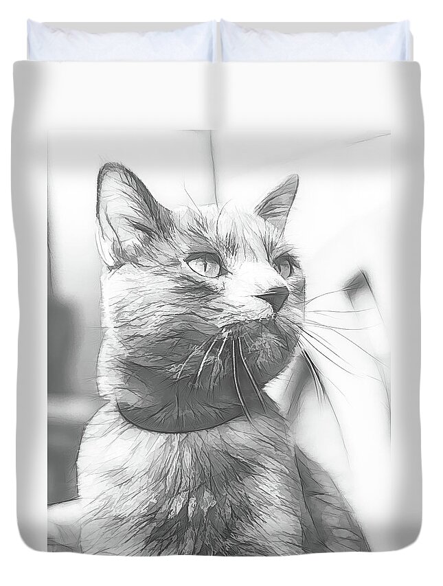 Art Duvet Cover featuring the digital art Grey Cat Posing, Black and White Sketch by Rick Deacon