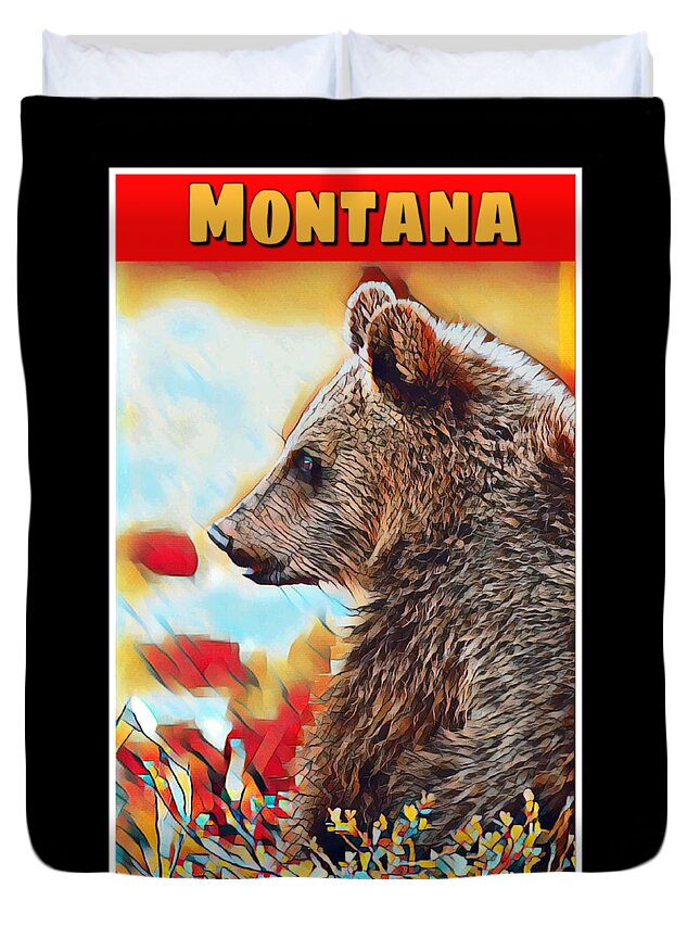 Wildlife Duvet Cover featuring the mixed media Grizzly Bear Art Montana Wildlife Travel Poster by Shelli Fitzpatrick