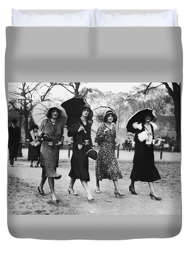 Mid Adult Women Duvet Cover featuring the photograph Group Of Women Walking With Umbrellas by Fpg