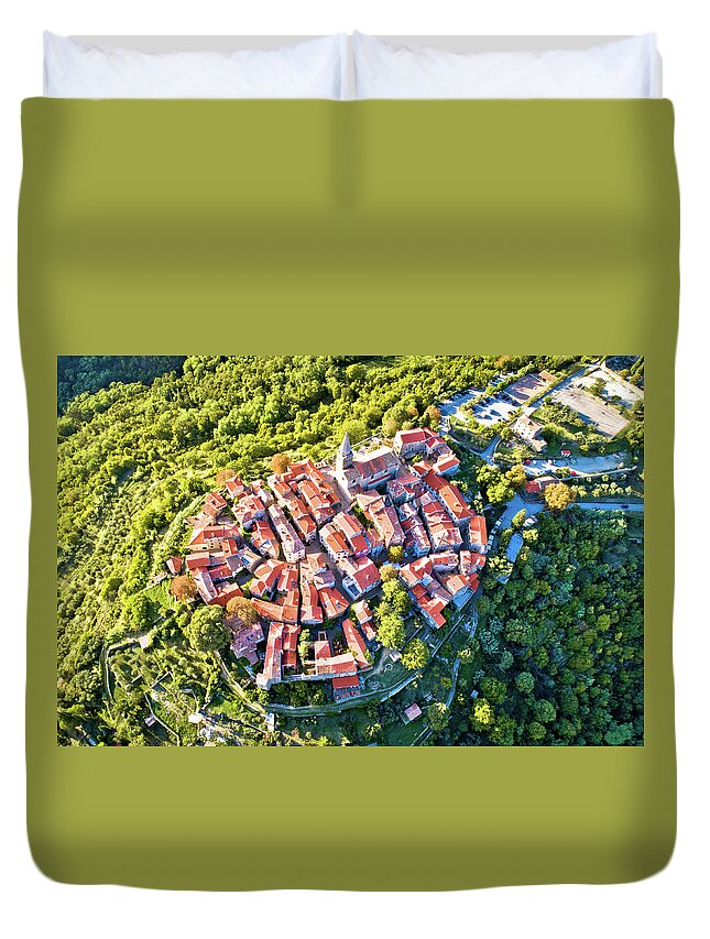 Groznjan Duvet Cover featuring the photograph Groznjan. Ancient hill village of Groznjan aerial panoramic view by Brch Photography