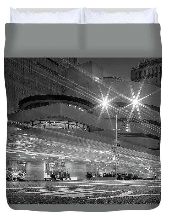 Guggenheim Duvet Cover featuring the photograph Guggenheim Museum NYC Light Streaks BW by Susan Candelario