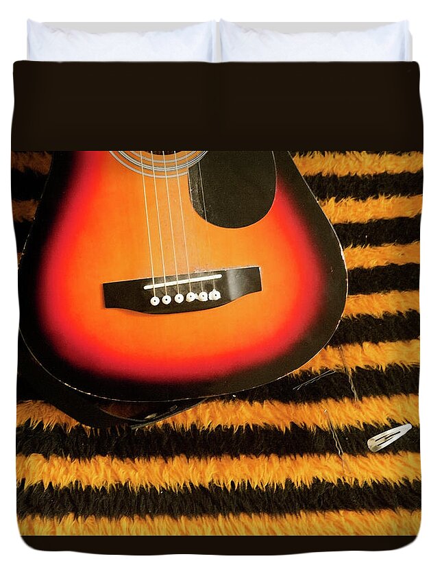 Black Color Duvet Cover featuring the photograph Guitar On Yellow And Black Striped by Tracy Packer Photography