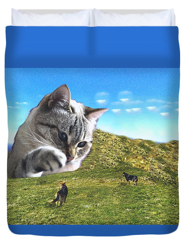 Giant Cat Duvet Cover featuring the mixed media Gulliver's Cat meets Abbie's Dogs by Shelli Fitzpatrick