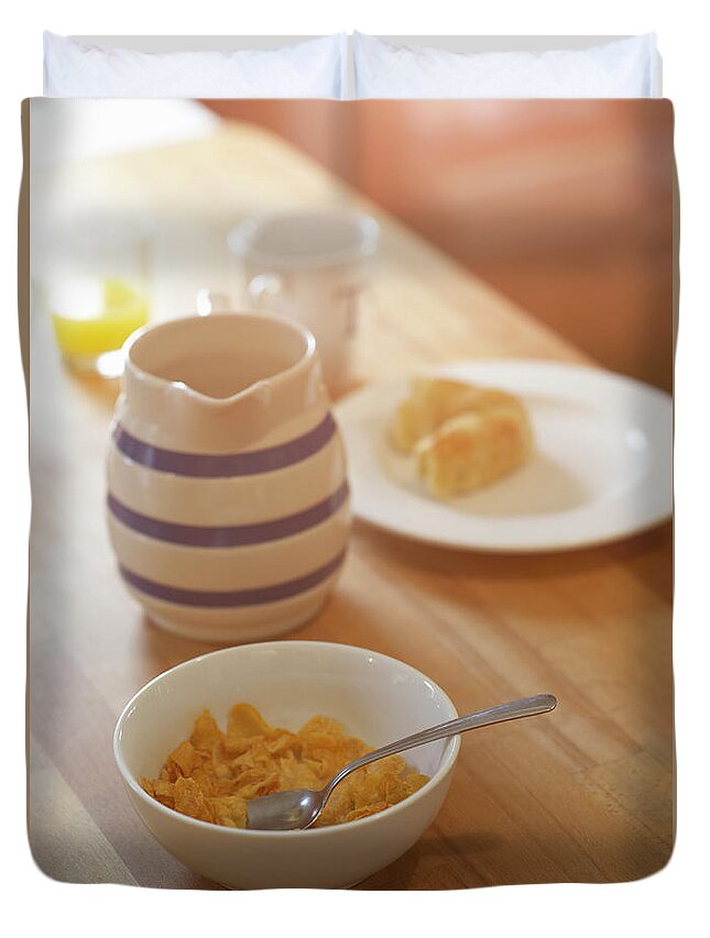 Breakfast Duvet Cover featuring the photograph Half Eaten Breakfast On Kitchen Table by Dougal Waters