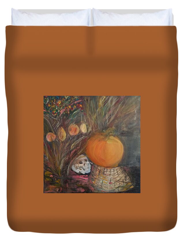 Halloween Pumpkin Skull Floral Flowers Basket Duvet Cover featuring the painting Halloween Pumpkin by Beverly Smith