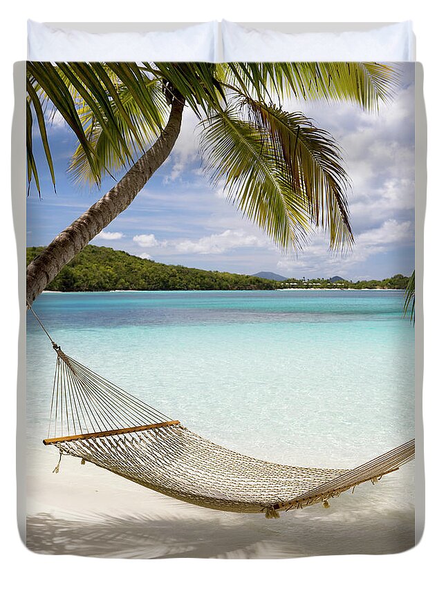 Water's Edge Duvet Cover featuring the photograph Hammock Hung On Palm Trees On A by Cdwheatley