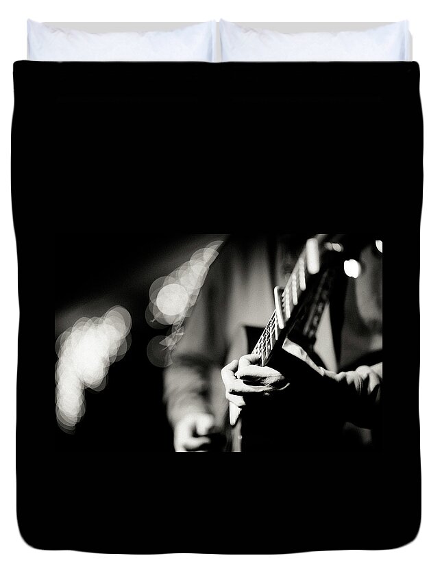People Duvet Cover featuring the photograph Hand Playing Acoustic Guitar In Black by Sean Molin - Www.seanmolin.com