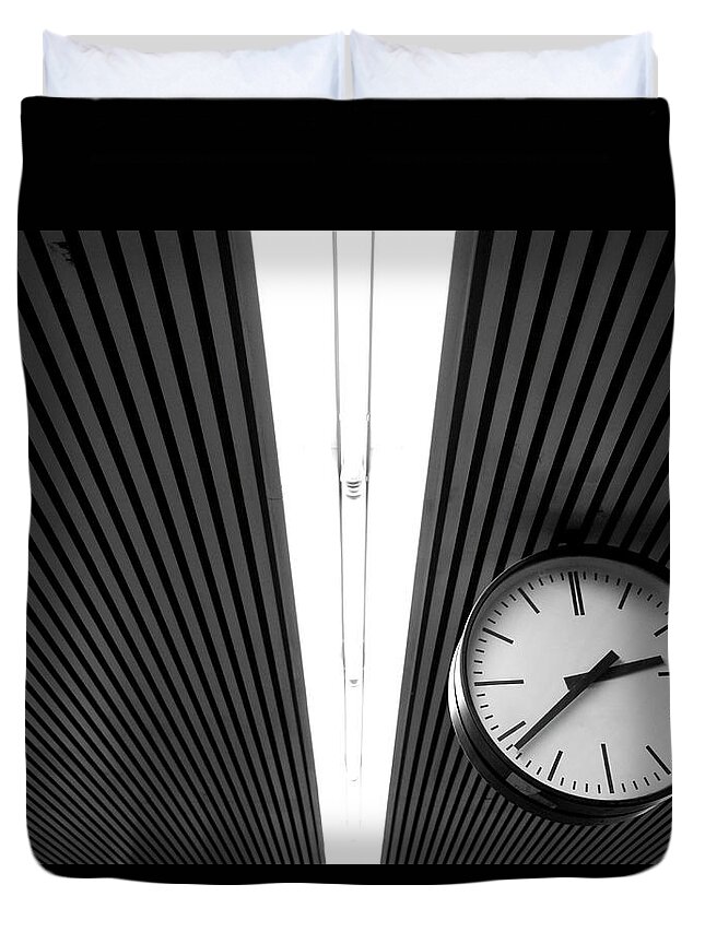 Hanging Duvet Cover featuring the photograph Hanging Clock by Christoph Hetzmannseder