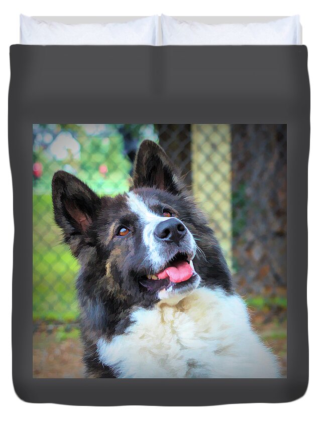 Art Duvet Cover featuring the digital art Happy Dog Painted Portrait by Rick Deacon