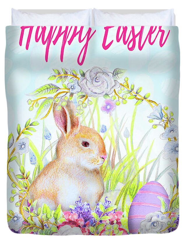 Happy Duvet Cover featuring the mixed media Happy Easter Blessings by Janice Gaynor