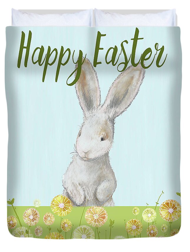 Happy Duvet Cover featuring the mixed media Happy Easter Bunny I by Diannart