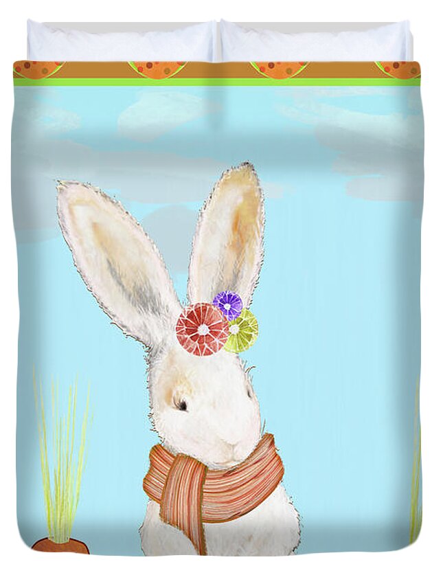 Happy Duvet Cover featuring the mixed media Happy Easter Bunny Iv by Diannart