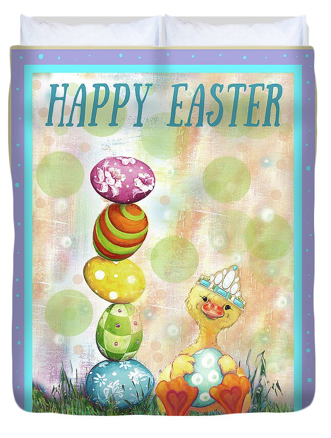 Happy Duvet Cover featuring the mixed media Happy Easter Eggs by Diannart