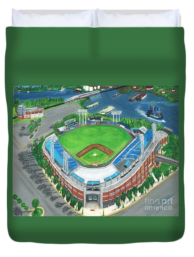 Harbor Park Duvet Cover featuring the painting Harbor Park on the River by Elizabeth Mauldin