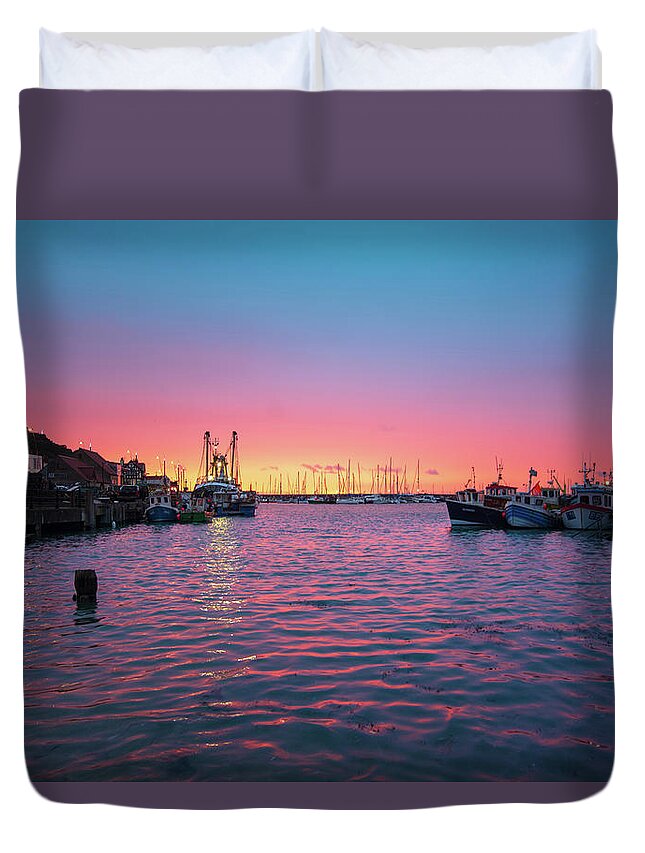 Scarborough Duvet Cover featuring the mixed media Harbour Lights by Smart Aviation
