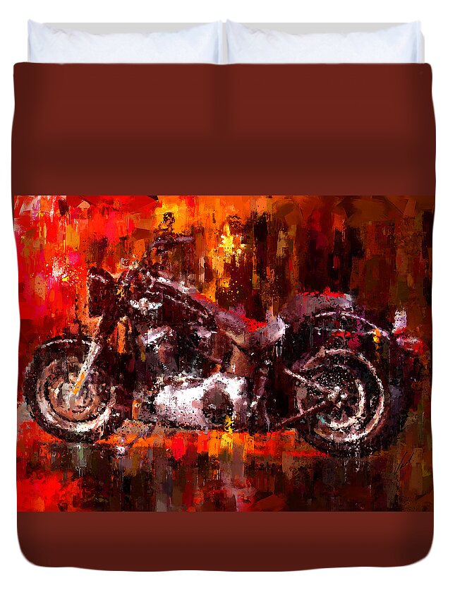  Impressionism Duvet Cover featuring the painting Harley Davidson Fat Boy dark by Vart Studio