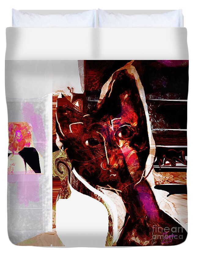 Square Duvet Cover featuring the mixed media Oliver Spies a Mouse by Zsanan Studio