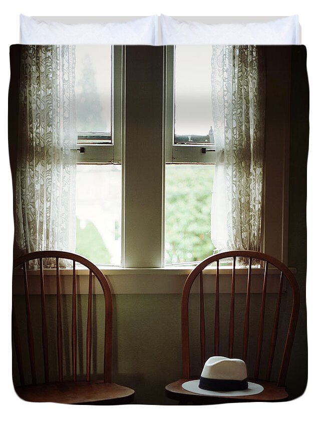 Hat Duvet Cover featuring the photograph Hat Resting On Chair By Window by Danielle D. Hughson