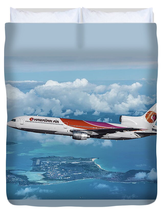 Hawaiian Airlines Duvet Cover featuring the mixed media Hawaiian Airlines L-1011 Over the Islands by Erik Simonsen