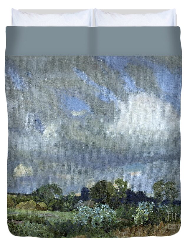 Farm Land Duvet Cover featuring the painting Haymaking By George Clausen by George Clausen