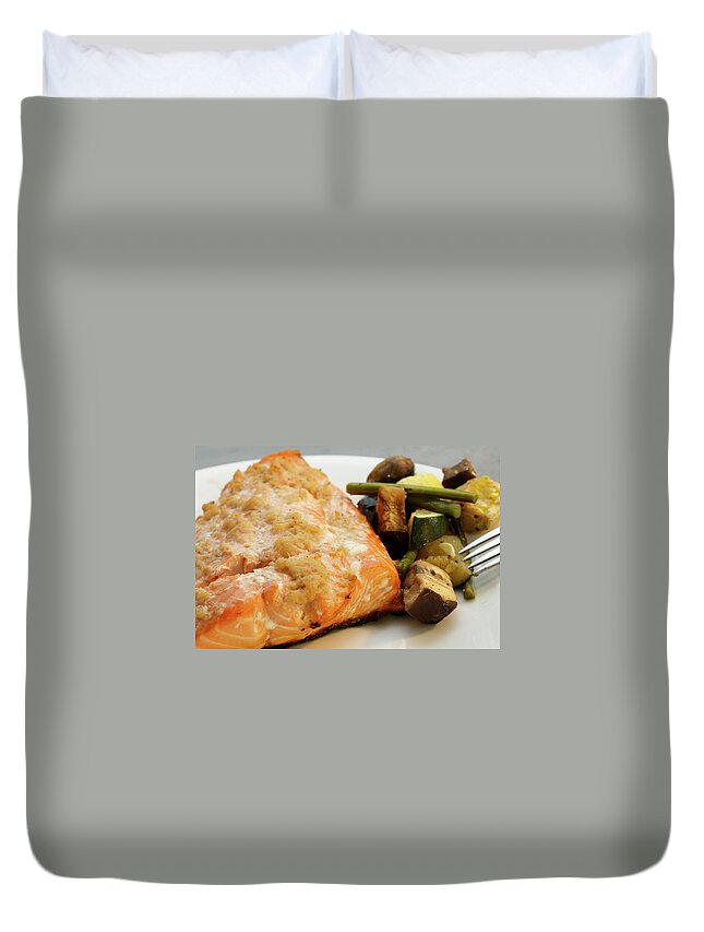 Indian Duvet Cover featuring the photograph Healthy Salmon dinner with roasted vegetables by Kyle Lee