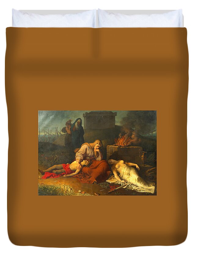 Karl Russ Duvet Cover featuring the painting Hecabe with the corpses of her children Polyxena and Polydoros at the tomb of Achilles by Karl Russ