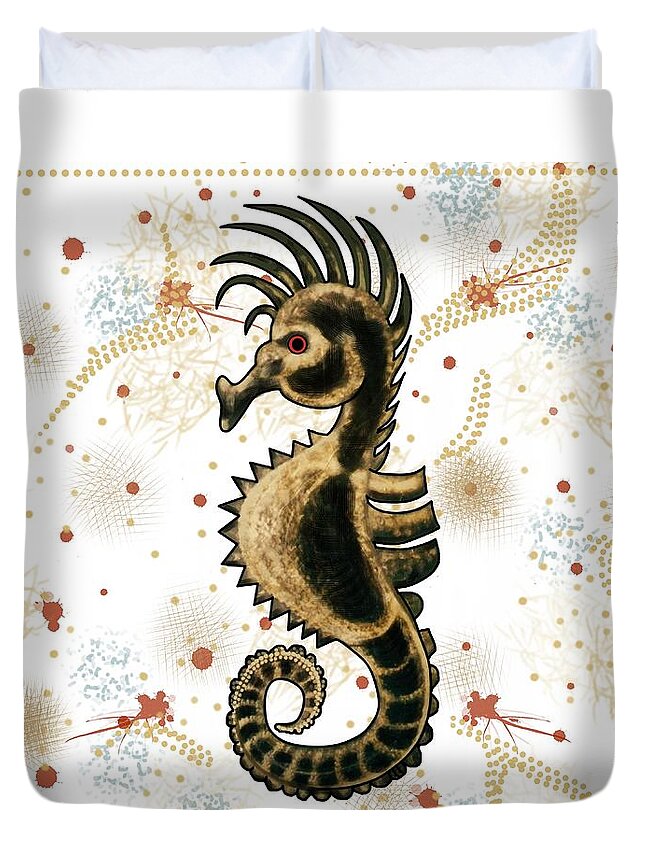 Seahorse Duvet Cover featuring the mixed media Seahorse HeHorse White by Joan Stratton