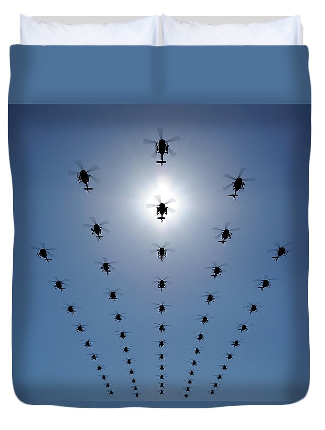 Expertise Duvet Cover featuring the photograph Helicopter Silhouette In The Sky by Georgo