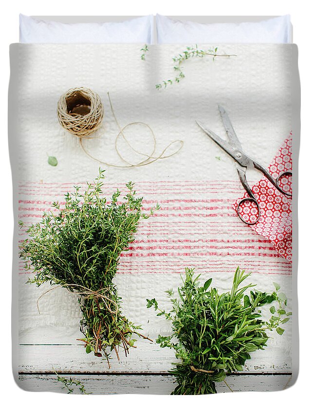 Napkin Duvet Cover featuring the photograph Herb Bouquets by Ingwervanille
