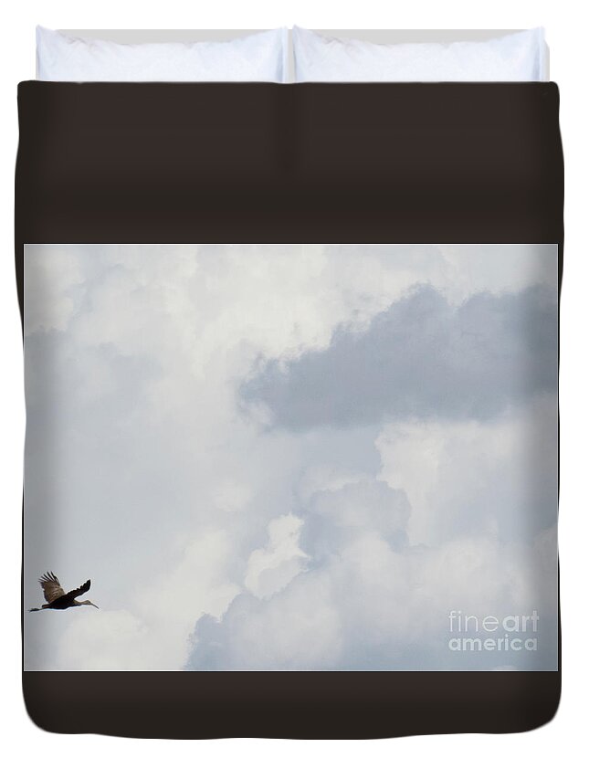Crane Duvet Cover featuring the photograph Crane in the clouds by Christy Garavetto