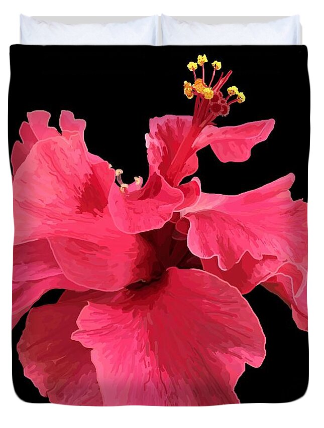 Hibiscus Duvet Cover featuring the drawing Hibiscus Pink in Black by Joan Stratton