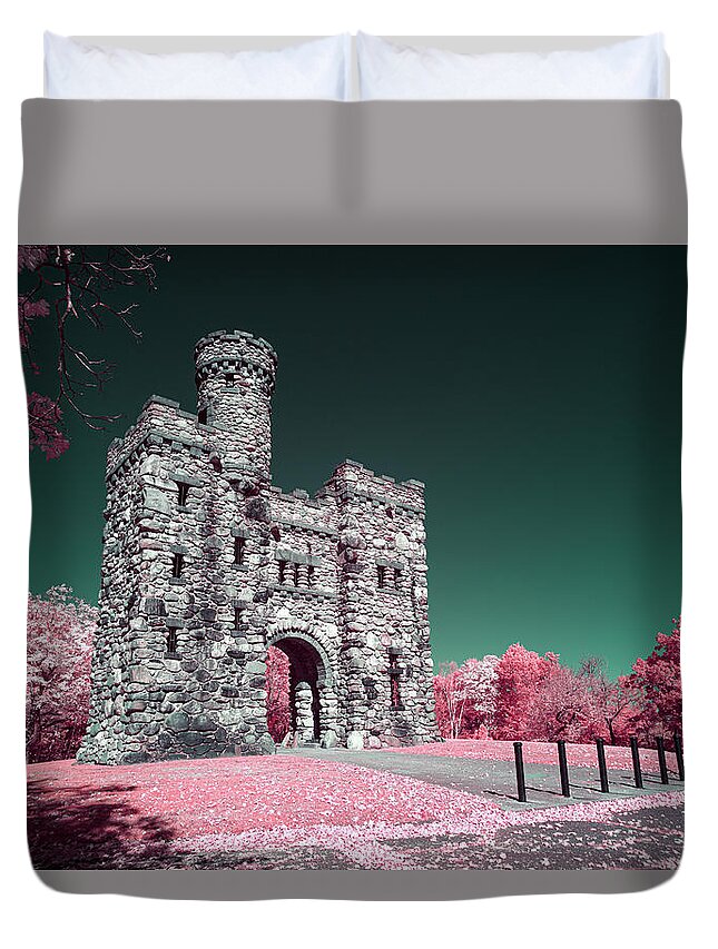 Bancroft Tower Worcester Ma Mass Massachusetts Newengland New England Usa U.s.a. 590nm Ir Infrared Castle Stone Brick Sun Sky Purple Brian Hale Brianhalephoto Duvet Cover featuring the photograph Hidden on the Hill by Brian Hale