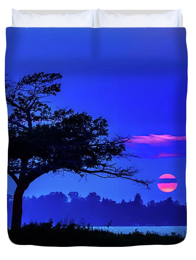 Cherry Red Sunset Duvet Cover featuring the photograph Higgins Lake Cherry Red Sunset by Joe Holley