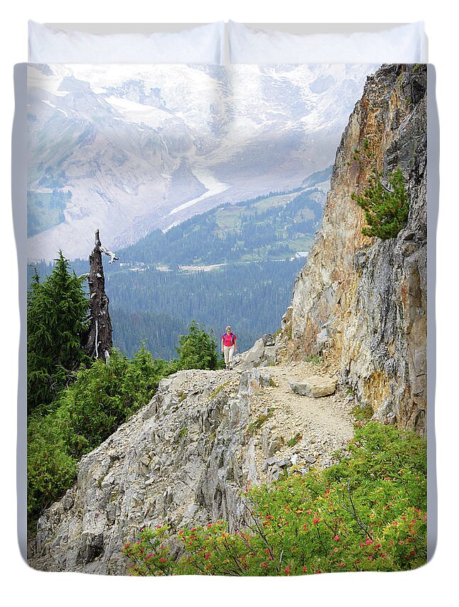 Mrnp Duvet Cover featuring the photograph Hiker on steep trail near Pinnacle Pass, Mount Rainier by Steve Estvanik