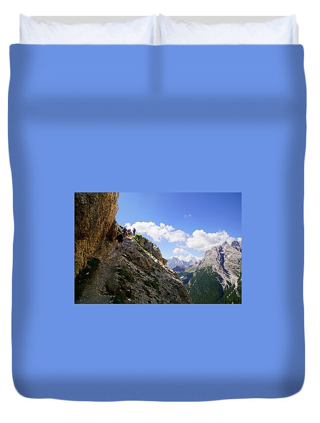 Dolomites Duvet Cover featuring the photograph Hikers on steep trail up Monte piana by Steve Estvanik