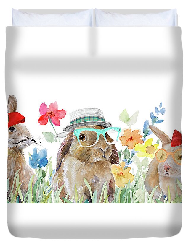 Bunny Duvet Cover featuring the mixed media Hipster Bunny Spring by Lanie Loreth