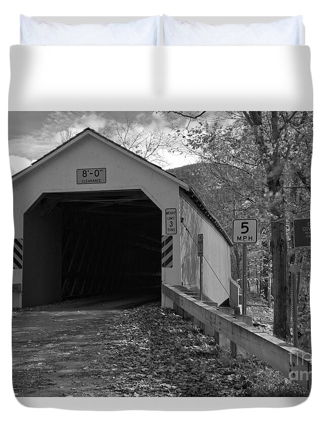 Eagleville Covered Bridge Duvet Cover featuring the photograph Historic Eagleville Covered Bridge Black And White by Adam Jewell