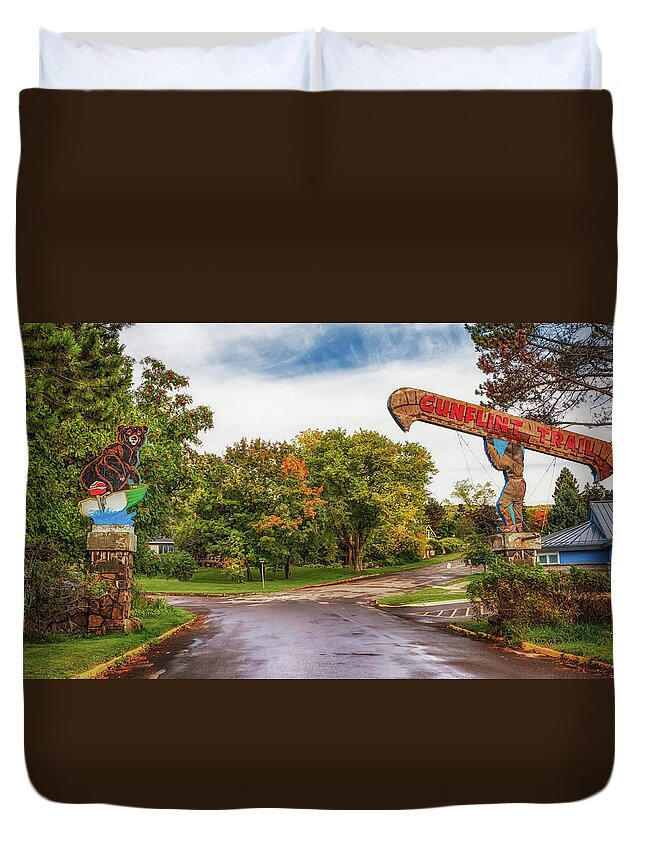 Gunflint Trail Duvet Cover featuring the photograph Historic Gunflint Trail Welcome Signs by Susan Rissi Tregoning